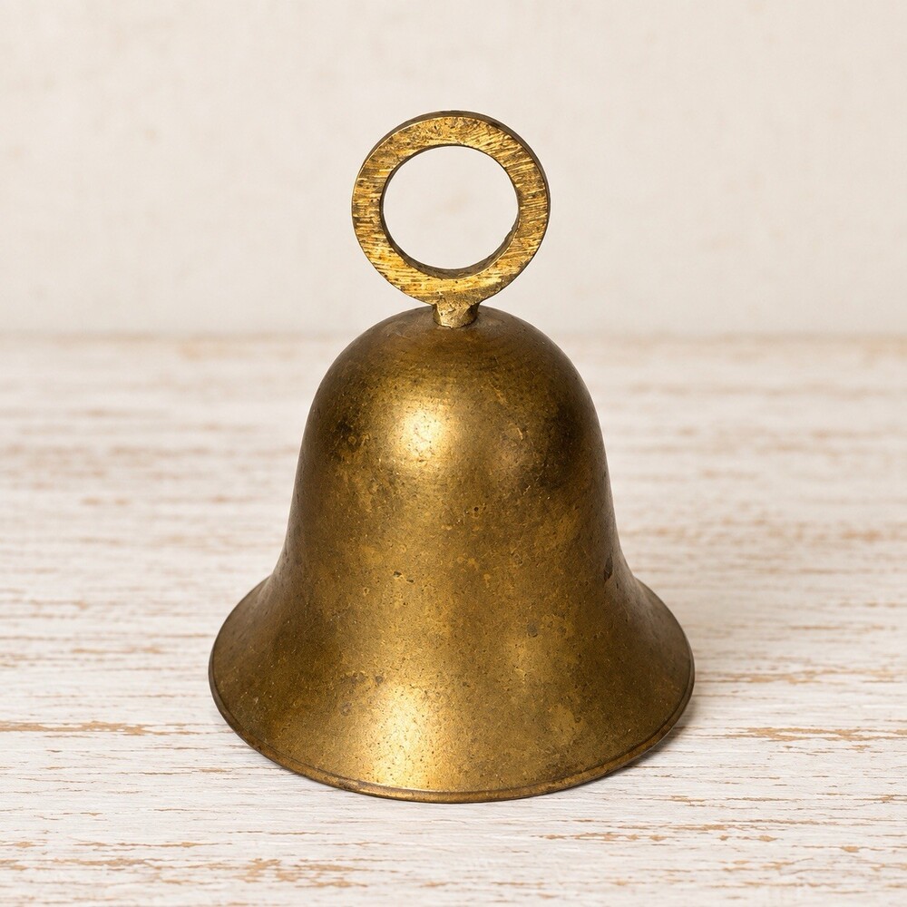 Vintage Small Brass Tone Bell Round Loop Handle Clapper Farmhouse Decor